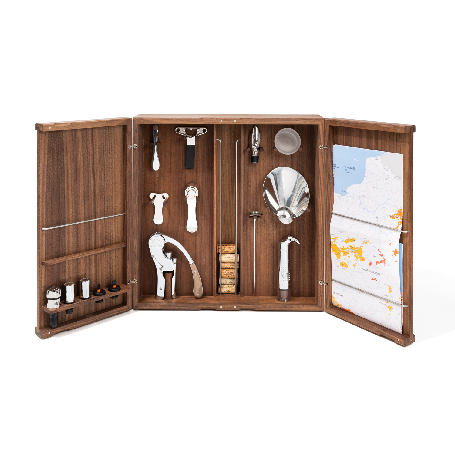 Wine set with iconic tools for opening, serving and preserving wines and champagnes