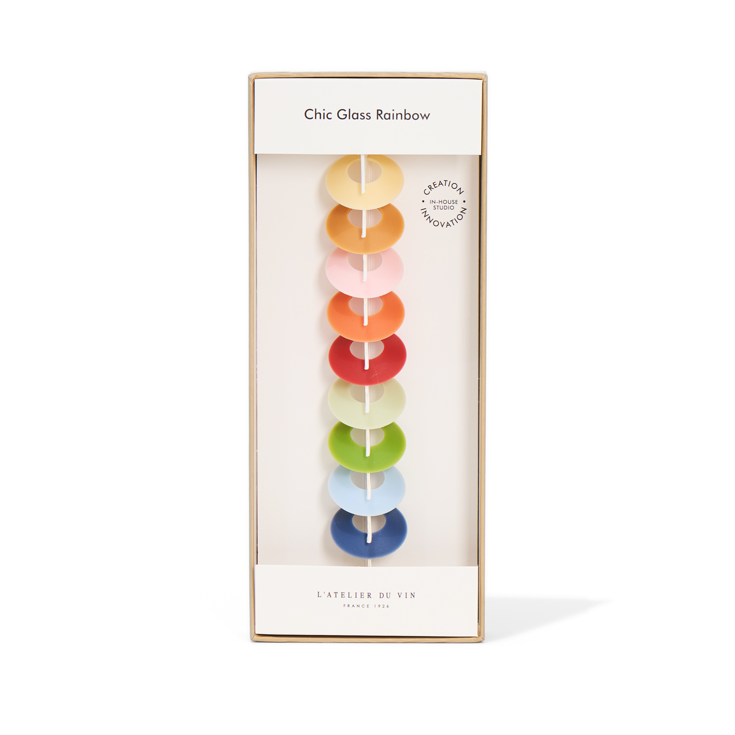 Chic Glass Rainbow gift box by L’Atelier du Vin featuring nine colorful silicone wine glass markers, an elegant accessory for identifying wine glasses during tastings and gatherings.