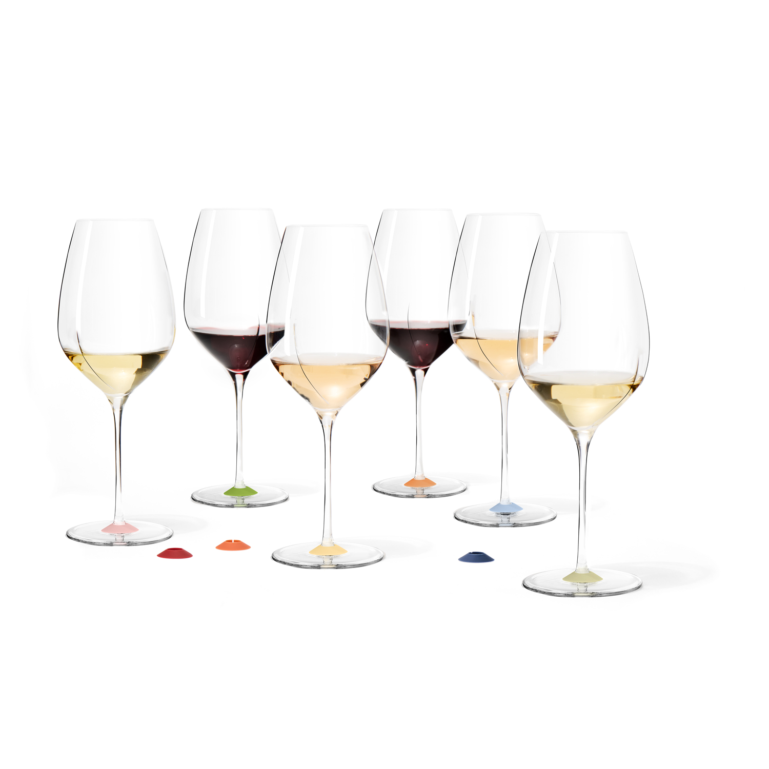 Red and white wine glasses personalized with Chic Glass Rainbow wine glass markers by L’Atelier du Vin, colorful silicone accessories for easy wine glass identification during tastings.